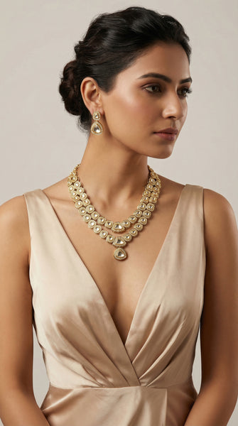 FUSION Layered Polki kundan long necklace set
