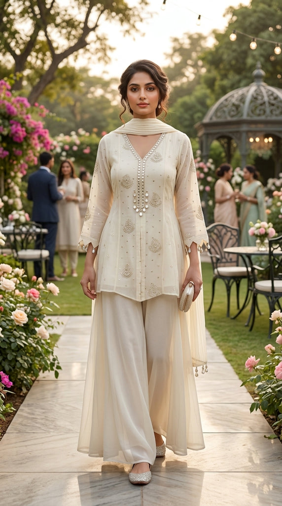 KYRA Cream Fusion Embroidered Top Sharara Set - M