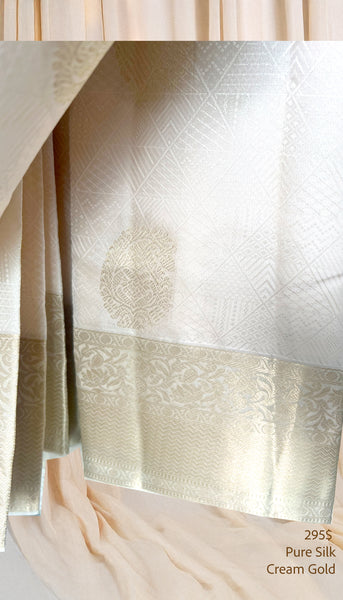 Cream Gold Pure Silk Saree
