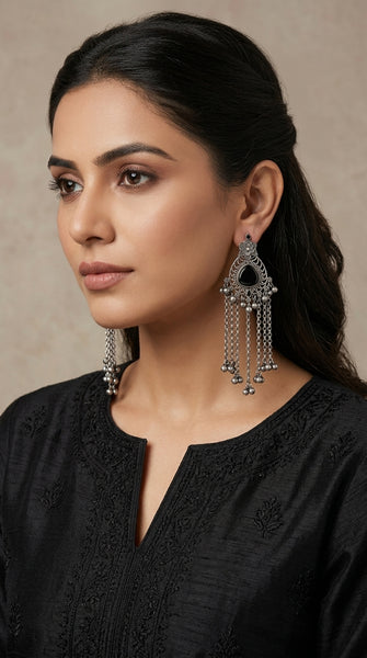 Oxidised Kashmiri Ethnic Drop Tassel Earrings x Black / Green