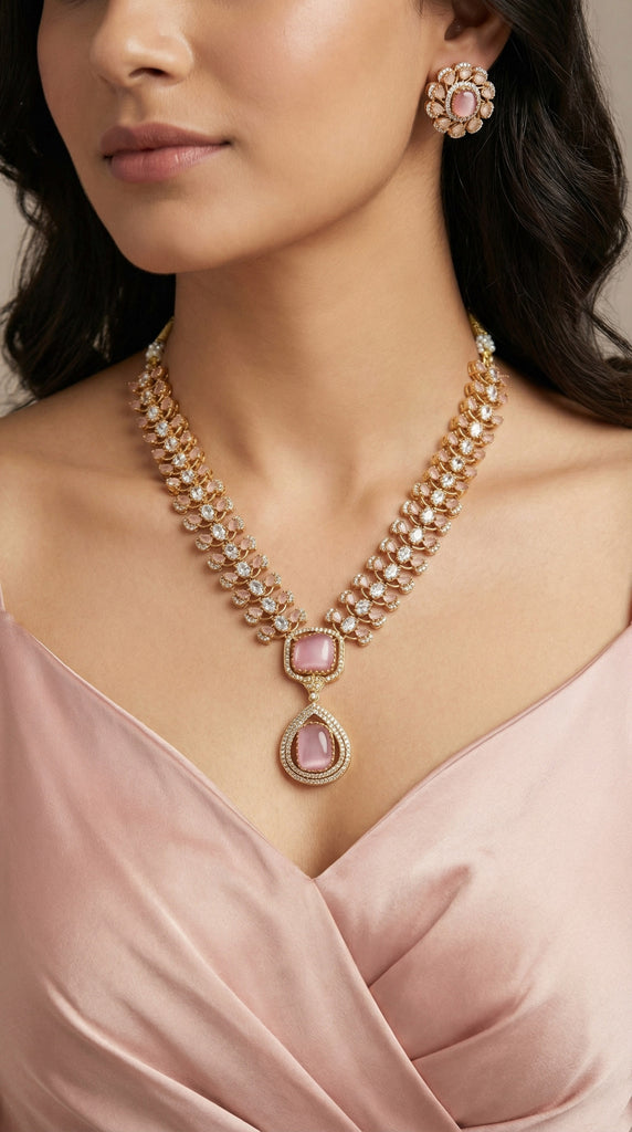 Pink Pendant AD Kundan Necklace Set