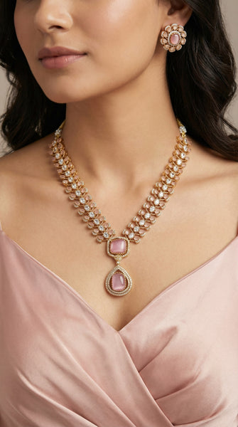 Pink Pendant AD Kundan Necklace Set