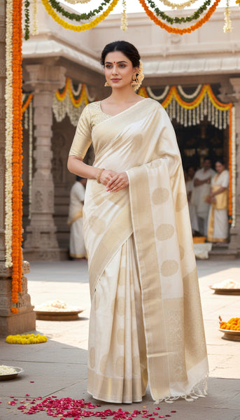 Cream Gold Pure Silk Saree