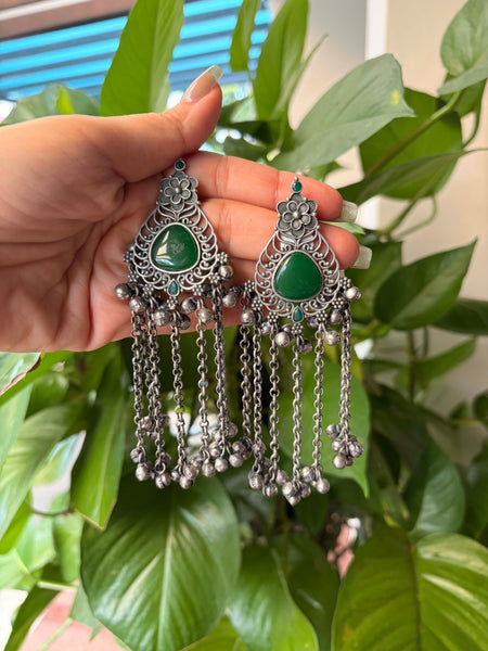 Oxidised Kashmiri Ethnic Drop Tassel Earrings x Black / Green