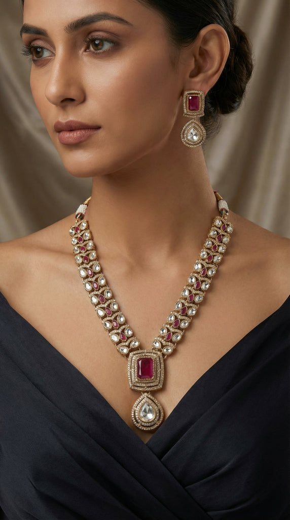 Red k Pendant AD Kundan Necklace Set