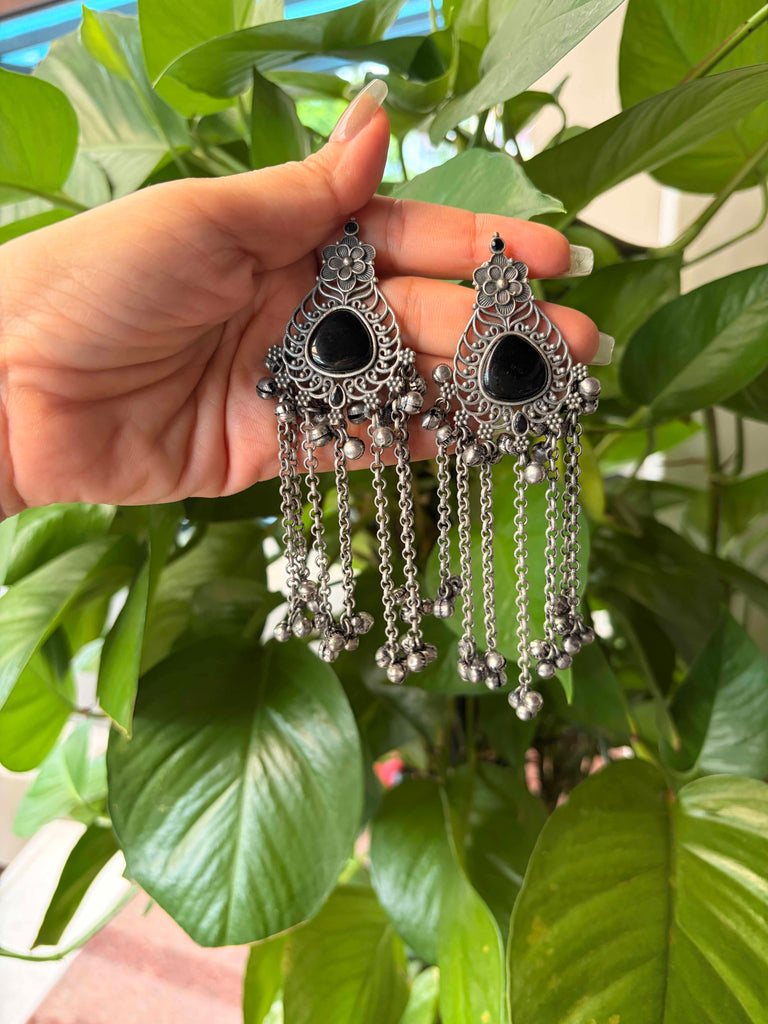 Oxidised Kashmiri Ethnic Drop Tassel Earrings x Black / Green