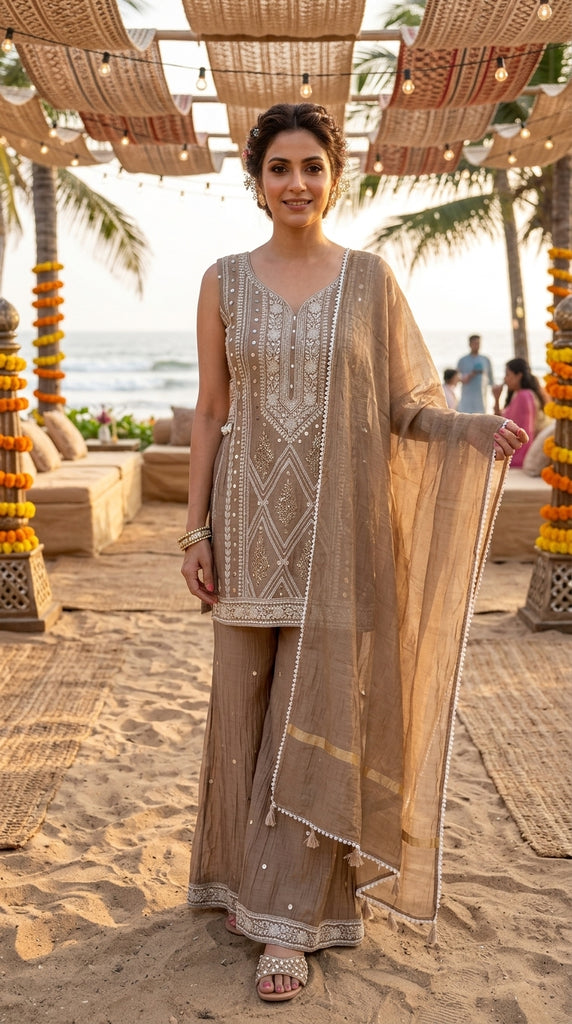 KANAYA Beige Fusion Embroidered Sharara Set - XL