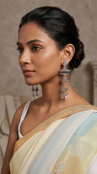 Oxidised Kashmiri Lotus Ethnic Drop Earrings x Pearl / Multi-Coloured