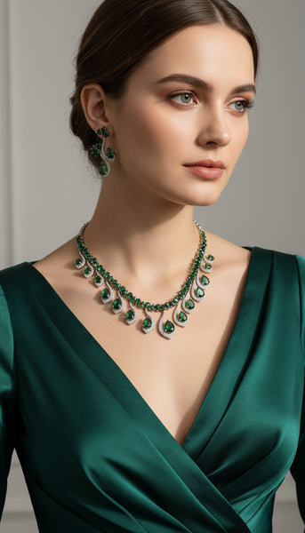 Emerald Leaf Drop Stone AD Necklace Set