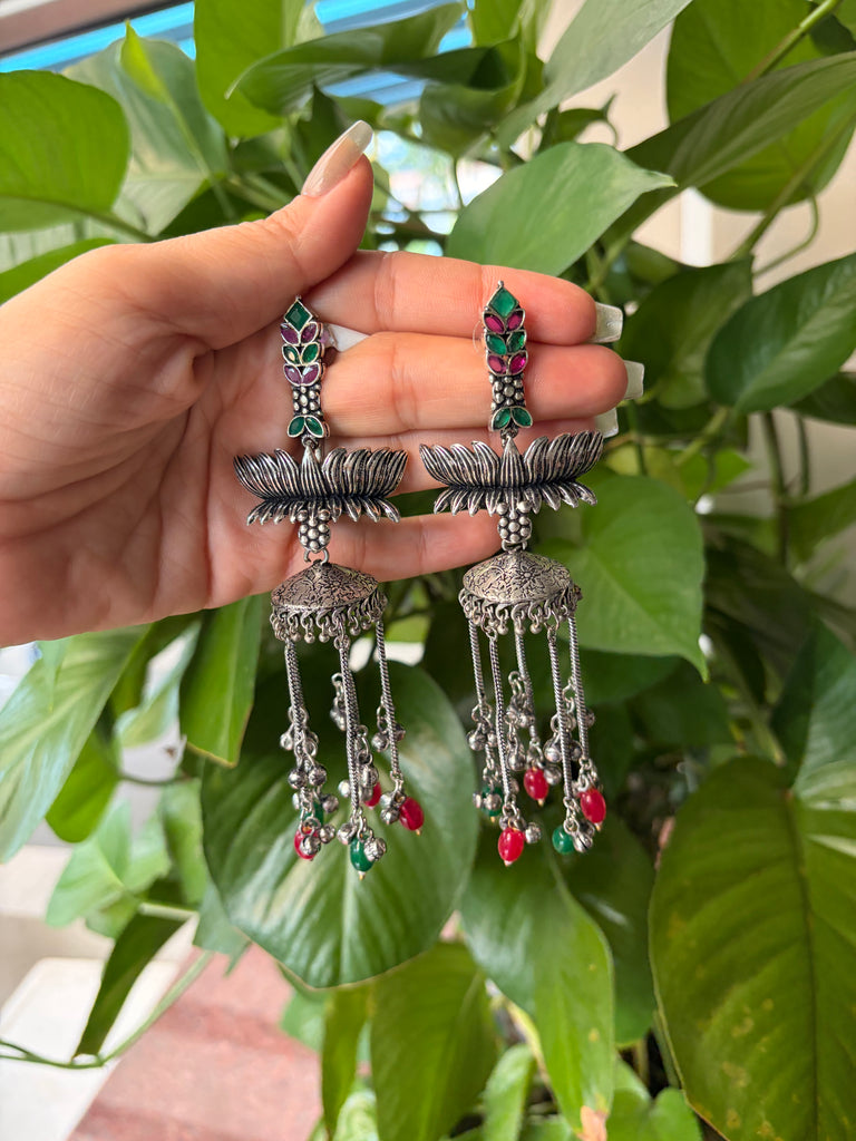 Oxidised Kashmiri Lotus Ethnic Drop Earrings x Pearl / Multi-Coloured