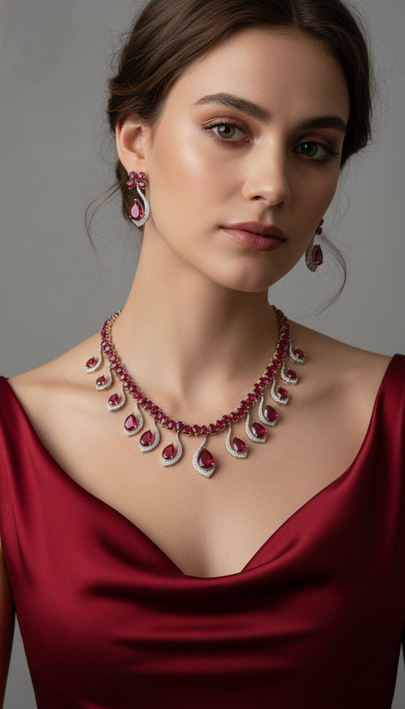 Ruby Leaf Drop Stone AD Necklace Set