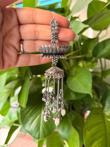 Oxidised Kashmiri Lotus Ethnic Drop Earrings x Pearl / Multi-Coloured