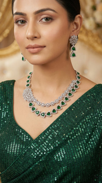 Emerald Green Flower AD Layered Necklace Set