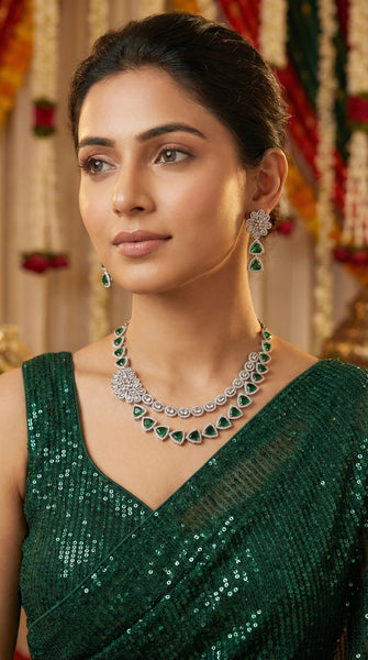 Emerald Green Flower AD Layered Necklace Set