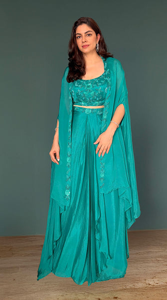 AURA Teal Embroidered Dhoti Skirt Coverup - M-L