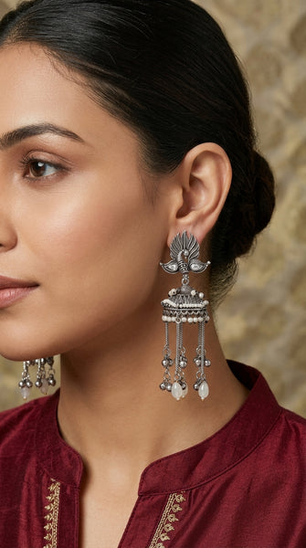 Oxidised Kashmiri Peacock Ethnic Drop Earrings