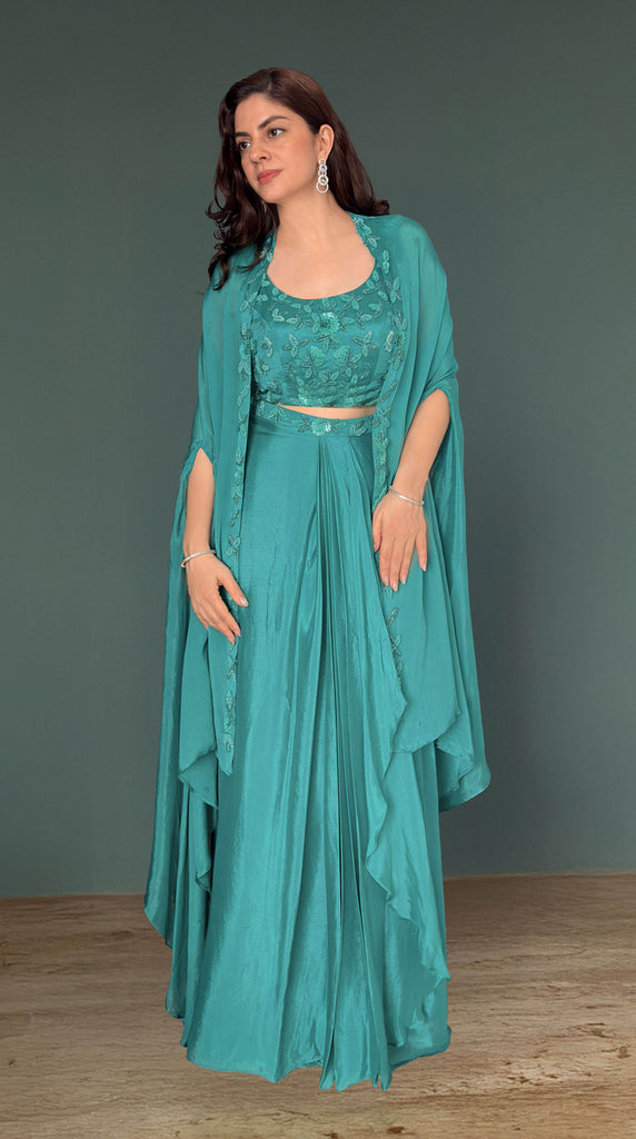AURA Teal Embroidered Dhoti Skirt Coverup - M-L