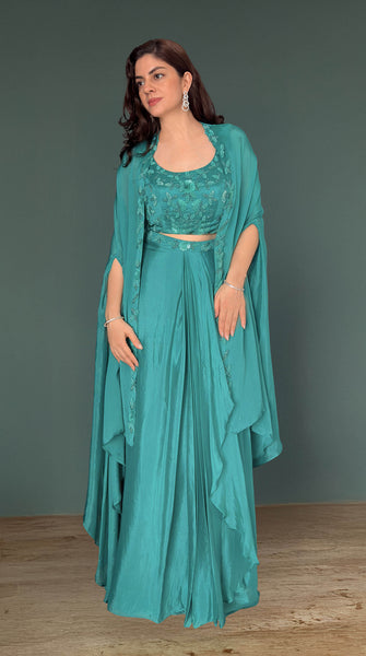 AURA Teal Embroidered Dhoti Skirt Coverup - M-L