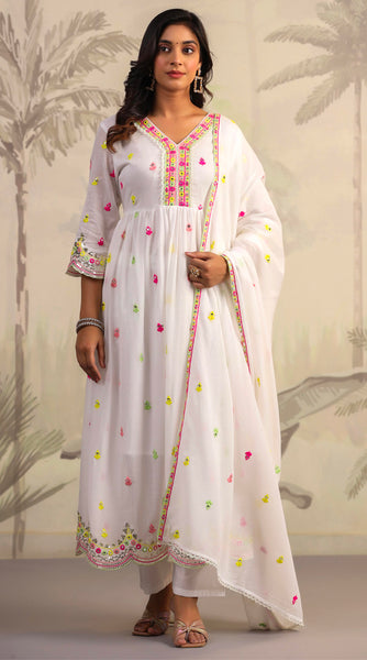 SHISHA Mulmul Cotton White Embroidered Anarkali Set - XXL