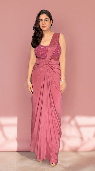 AURA Rosé Embroidered Pre-Draped Corset Saree - S-M