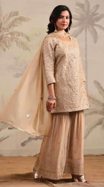 SHISHA Cotton Mulmul Beige Embroidered Gharara Set - L/XL/Xxl