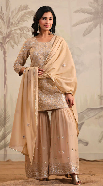 SHISHA Cotton Mulmul Beige Embroidered Gharara Set - L/XL/Xxl