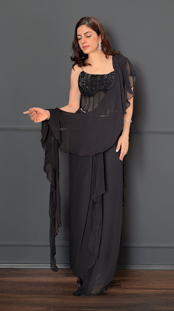 AURA Noir Ruffle Pre-Draped Corset Saree - S-M