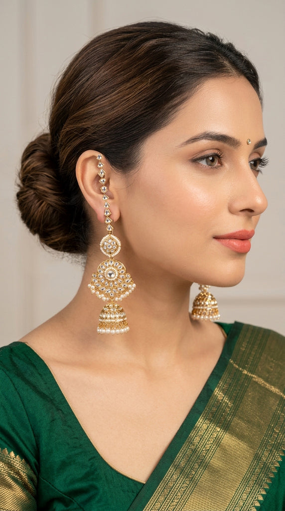 MEERA Kundan Jhumkis with Kaan Chain Earrings