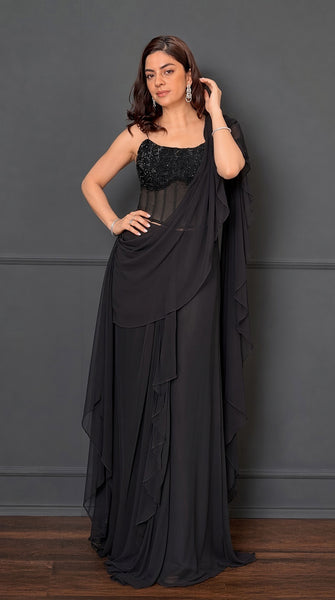 AURA Noir Ruffle Pre-Draped Corset Saree - S-M