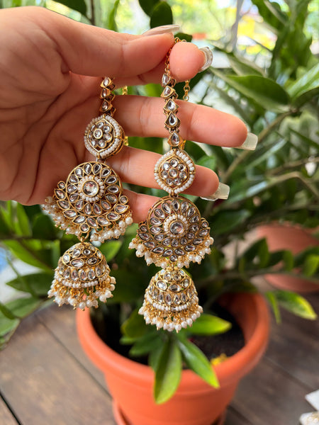 MEERA Kundan Jhumkis with Kaan Chain Earrings