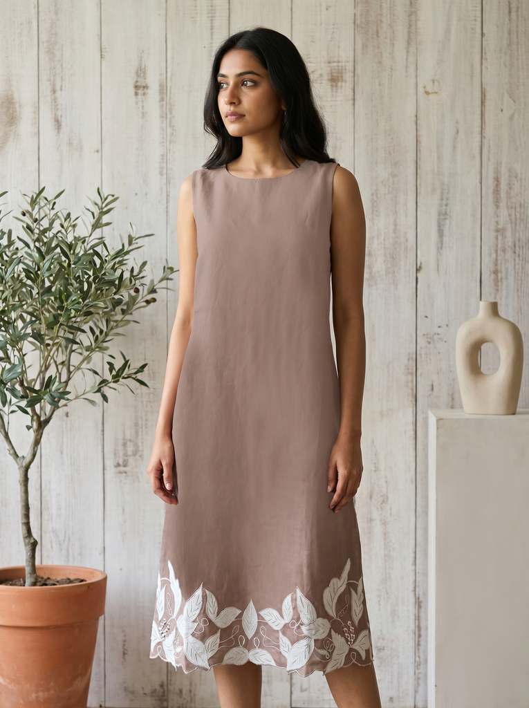 ALORA Mocha Vine Embroidered Linen Dress - M/L/XL