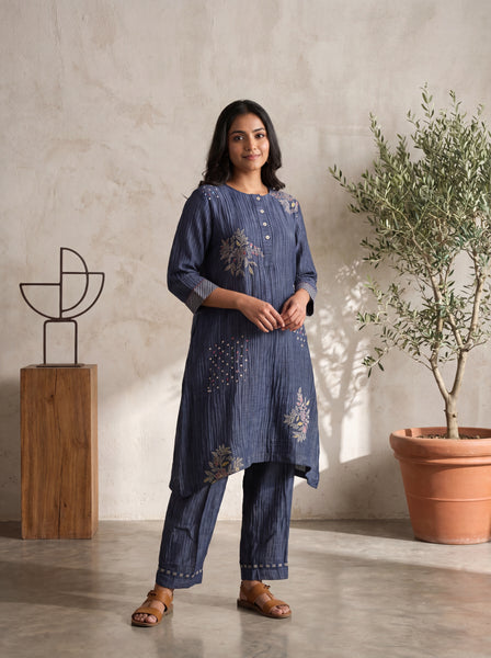 AUREVA Navy Blue Embroidered Textured Linen Co-ord Set - M/XL