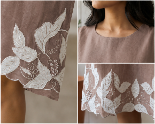 ALORA Mocha Vine Embroidered Linen Dress - M/L/XL