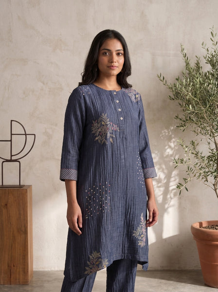 AUREVA Navy Blue Embroidered Textured Linen Co-ord Set - M/XL