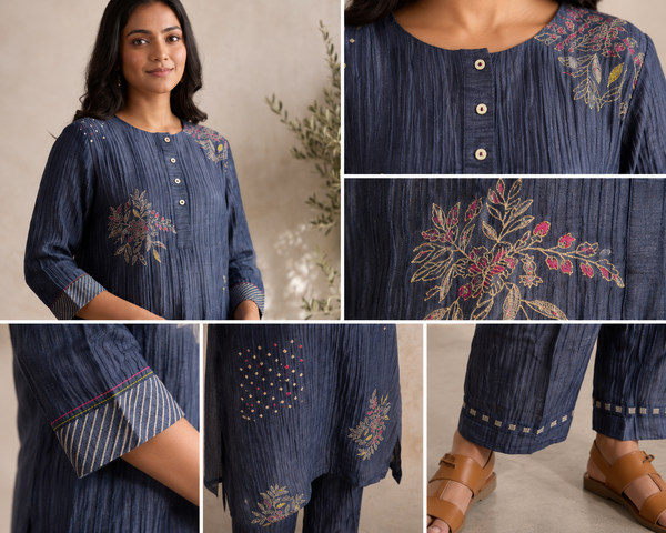 AUREVA Navy Blue Embroidered Textured Linen Co-ord Set - M/XL