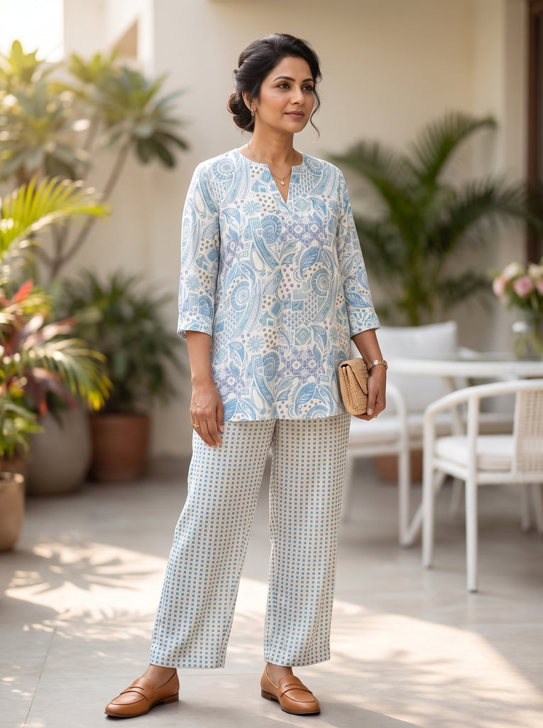 AUREVA Blue Silk Floral Co-ord - XL TO XXL