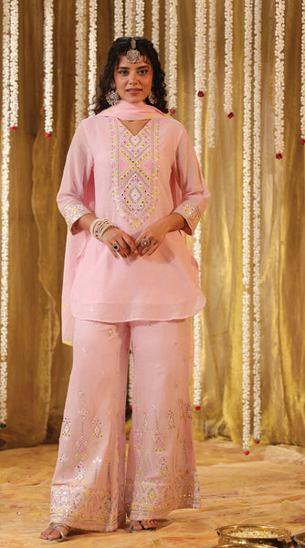 SHISHA Mulmul Baby Pink Embroidered Palazzo Set - L/XXL