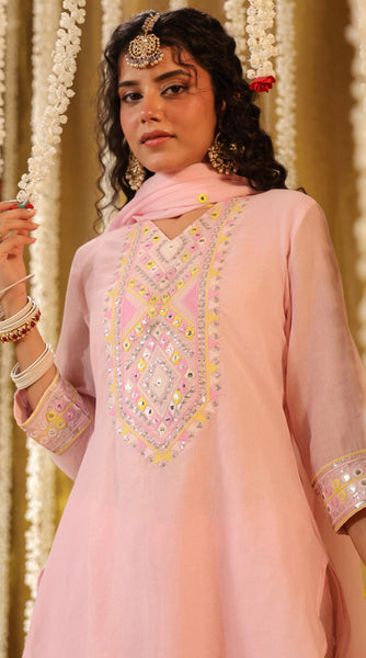 SHISHA Mulmul Baby Pink Embroidered Palazzo Set - L/XXL