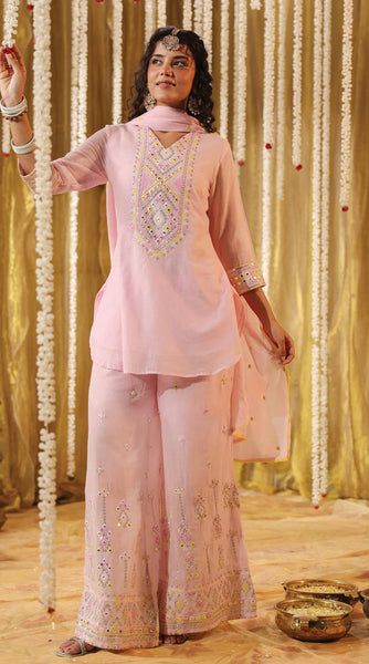 SHISHA Mulmul Baby Pink Embroidered Palazzo Set - L/XXL