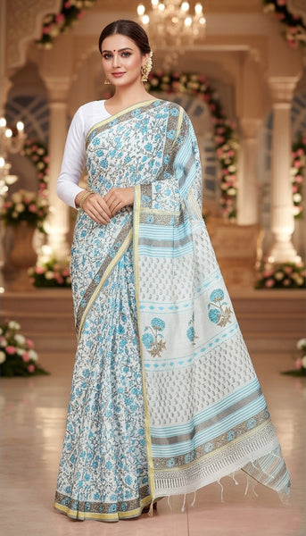 Blue Cotton Print Floral Saree