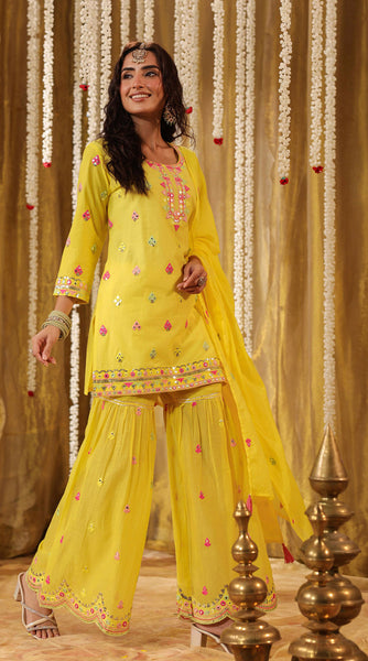 SHISHA Cotton Mulmul Yellow Embroidered Sharara Set - L/XXL