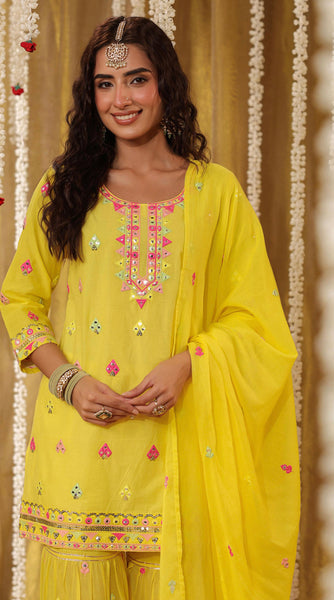 SHISHA Cotton Mulmul Yellow Embroidered Sharara Set - L/XXL