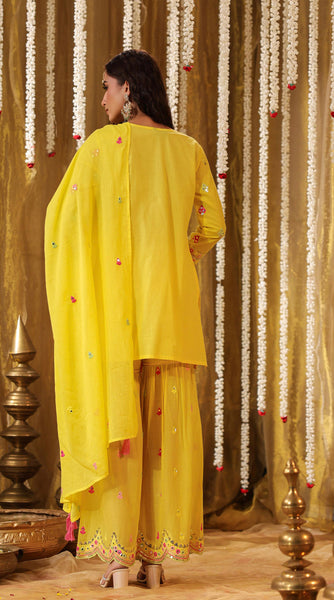 SHISHA Cotton Mulmul Yellow Embroidered Sharara Set - L/XXL