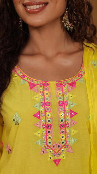 SHISHA Cotton Mulmul Yellow Embroidered Sharara Set - L/XXL