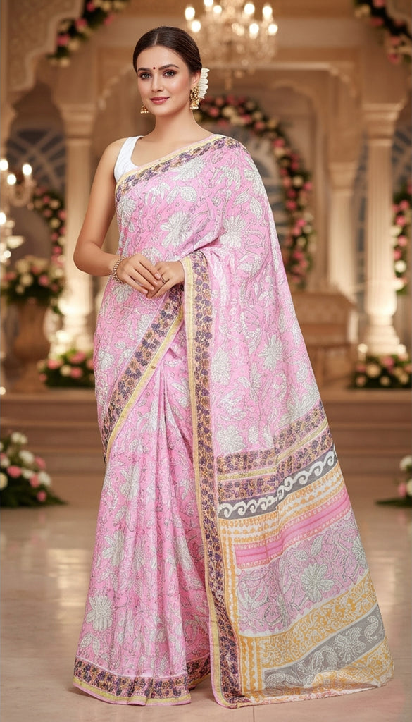 Pink Cotton Print Floral Saree