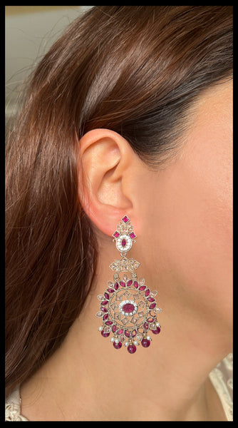 MIRA Antique Coloured Stone Chandbali Earring - Red & Clear