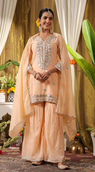 SHISHA Mulmul Peach Embroidered Sharara Set -XL/XXL