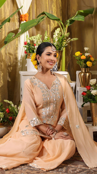 SHISHA Mulmul Peach Embroidered Sharara Set -XL/XXL