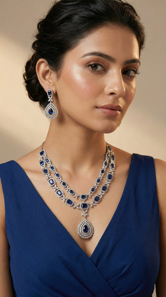 Navy Blue Drop AD Layered Necklace Set