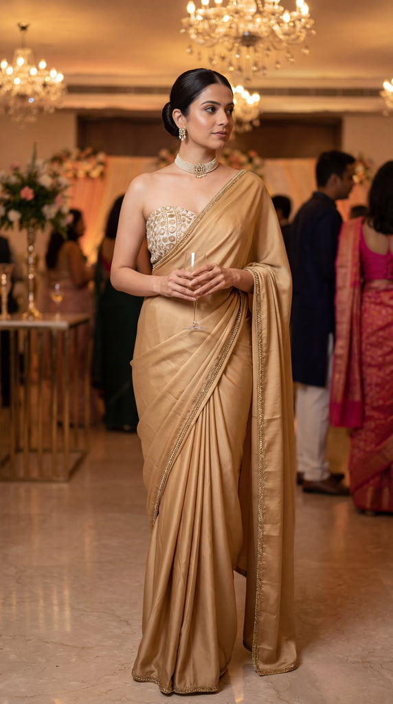 KANAYA Gold Fine Satin Pre-Draped Saree